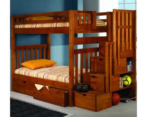 Tall Mission Stairway Twin over Twin Bunk Bed with Dual Underbed Drawers in Honey