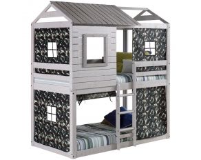 Tree House Twin over Twin Deer Blind Bunk Loft with Green Camo Tent and Slat Kits in Rustic Light Grey