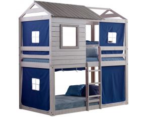 Tree House Twin over Twin Deer Blind Bunk Loft with Blue Tent and Slat Kits in Rustic Light Grey