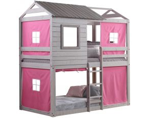 Tree House Twin over Twin Deer Blind Bunk Loft with Pink Tent and Slat Kits in Rustic Light Grey