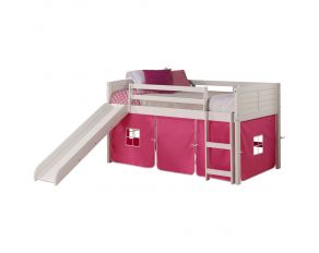 Louver Low Loft Twin Bed with Pink Tent and Slide in White