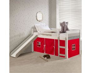 Panel Low Loft Bed with Slide and Red Tent in Greys and White