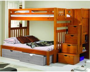 Tall Mission Stairway Twin over Full Bunk Bed in Honey