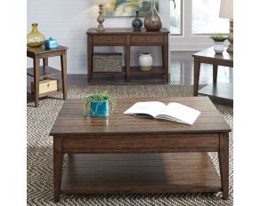 Lake House Lift Top Cocktail Table in Rustic Brown Oak Finish