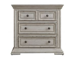 Big Valley Bedside Chest with Charging Station in Whitestone Finish with Heavy Distressing