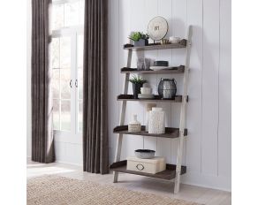 Farmhouse Leaning Bookcase in Two Tone White Finish with Wood Tone Tops