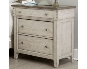 Ivy Hollow 3 Drawer Bedside Chest with Charging Station in Weathered Linen Finish with Dusty Taupe Tops