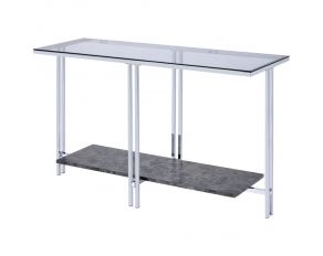 Liddell Sofa Table with Glass Top and Faux Marble Shelf in Chrome