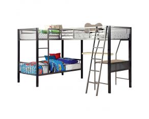 Furniture of America Ballarat L-Shaped Triple Twin Bunk Bed with Desk in Gray, Silver