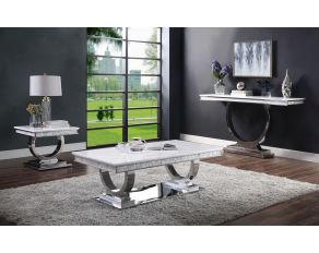 Zander Coffee Table Set in White Printed Faux Marble and Mirrored Silver