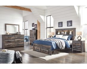 Drystan Bookcase Bedroom Collection with Footboard Storage in Brown Multi