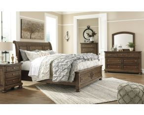 Flynnter Sleigh Bedroom Collection with Footboard Storage in Tobacco Brown