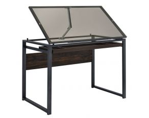 Pantano Glass Top Drafting Desk in Dark Gunmetal And Chestnut