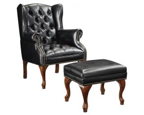 Button Tufted Back Accent Chair With Ottoman in Black And Espresso