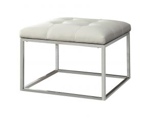 Upholstered Tufted Ottoman in White And Chrome