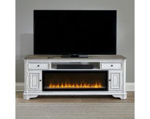 Fireplace TV Consoles 82 Inch Console with Firebox in Antique White and Weathered Brown