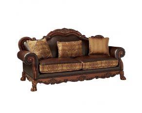 Acme Furniture Dresden Sofa with 3 Pillows in Brown PU & Chenille/Cherry Oak Finish