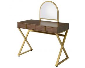 Coleen Vanity Desk with Jewelry Tray in Walnut and Gold Finish