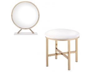 Midriaks Vanity Mirror and Stool in White and Gold Finish