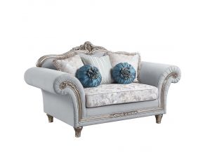 Pelumi Loveseat with 5 Pillows in Light Gray and Platinum Finish