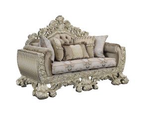 Sorina Loveseat with 5 Pillows in Antique Gold Finish