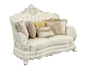 Adara Loveseat with 5 Pillows in Antique White Finish