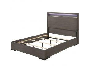 Escher Eastern King Panel Bed with LED Headboard in Gray Oak