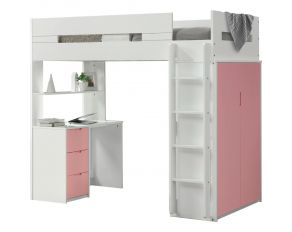 Nerice Twin Loft Bed with Desk and Wardrobe in White and Pink