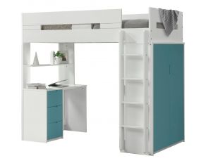 Nerice Twin Loft Bed with Desk and Wardrobe in White and Teal