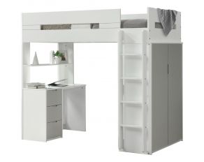 Nerice Twin Loft Bed with Desk and Wardrobe in White and Gray