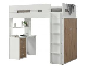 Nerice Twin Loft Bed with Desk and Wardrobe in White and Oak