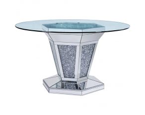 Noralie Mirrored Round Dining Table with Clear Glass Top in Silver