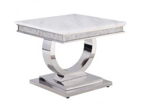 Zander End Table in White Printed Faux Marble and Mirrored Silver