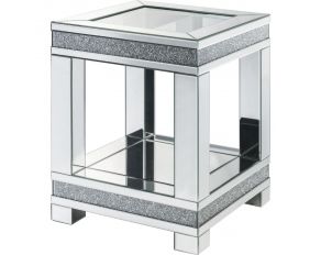 Noralie Mirrored End Table with Faux Diamonds and Clear Glass Top