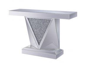 Noralie Mirrored Console Table with Triangular Shaped Pedestal Base and Faux Diamonds