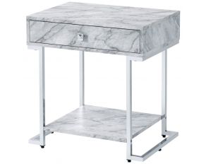 Wither Accent Table in White Printed Faux Marble and Chrome Finish