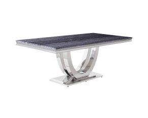 Cambrie Pedestal Dining Table with Faux Marble Top in Mirrored Silver Finish