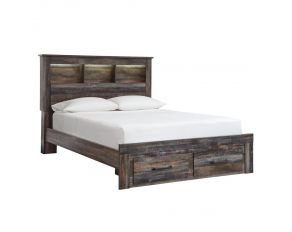 Drystan Queen Bookcase Bed with Footboard Storage in Brown Multi