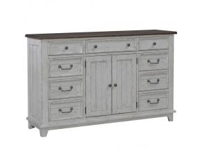 River Place 2 Door 9 Drawer Dresser in Riverstone White and Tobacco