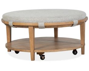 Lindon Rectangular Cocktail Table with Grey Upholstered Top and Casters in Belgian Wheat