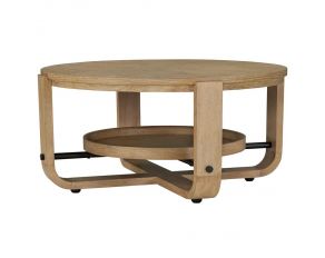 Escape Cocktail Table Round with Shelf in Glazed Natural Oak with Black Metal Trim