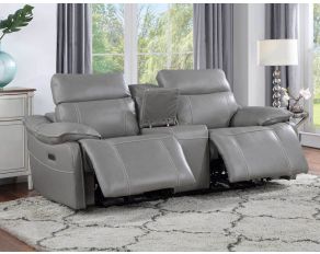 Alpine Leather Dual Power Console Loveseat in Smoke Gray