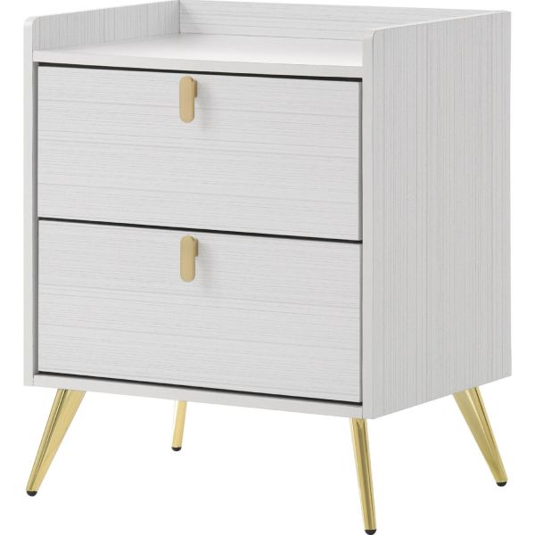 Modern Wood Nightstand with Gold Legs 2-Drawer Bedside Table in White