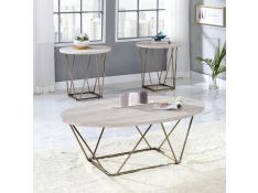 Rowyn 3 Pack Faux Marble Paper Top Occasional Table Set in White and Copper