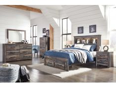 Drystan Bookcase Bedroom Collection with Footboard Storage in Brown Multi