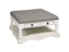 Belhamy Park Square Upholstered Cocktail Table in Chalk with Gray Fabric Top