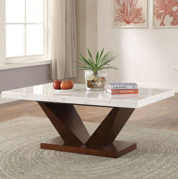 rectangular coffee table with white marble top in walnut